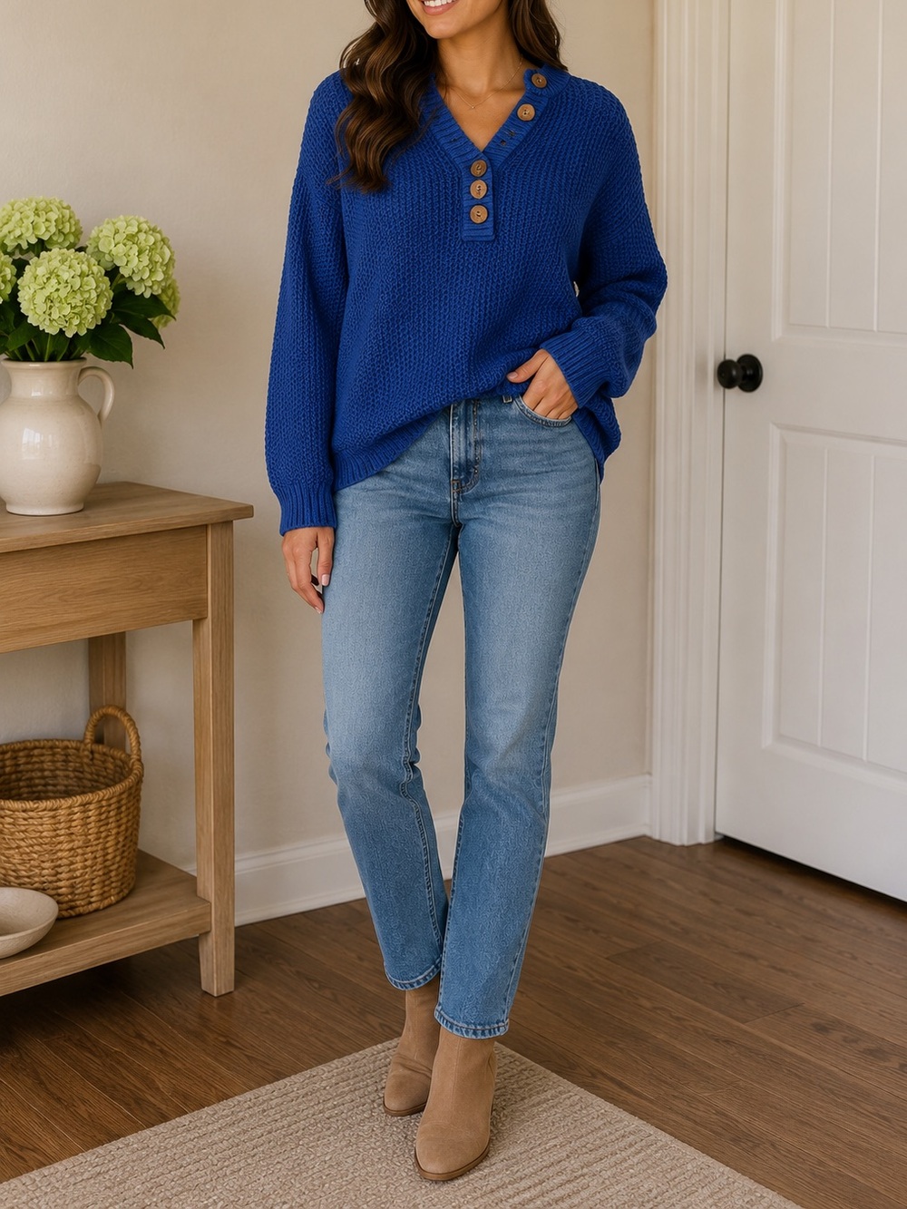 SHEIN Royal Blue V-Neck Sweater with Button Accents